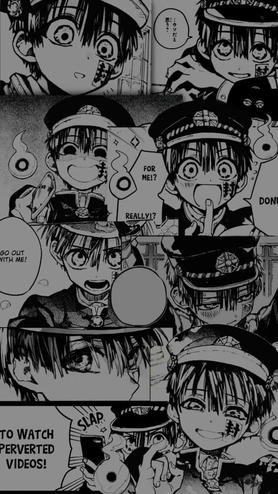 Hanako Kun 桌布 壁紙 — 一幅黑白漫畫面板拼貼畫，描繪一個穿著警察制服的小男孩，帶有誇張的表情和對話氣泡。