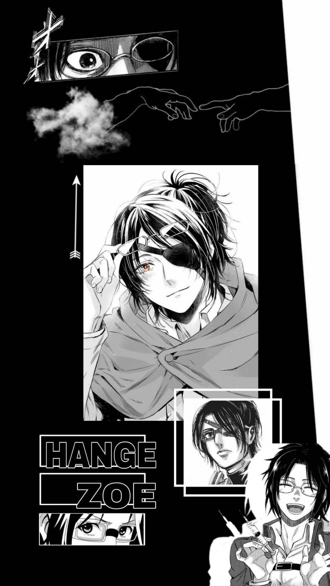 Hange 桌布 壁紙 — 一幅黑白漫畫風格拼貼畫， featuring Hange Zoe 戴著眼罩，周圍環繞著浮動的角色面板和象徵性圖像。