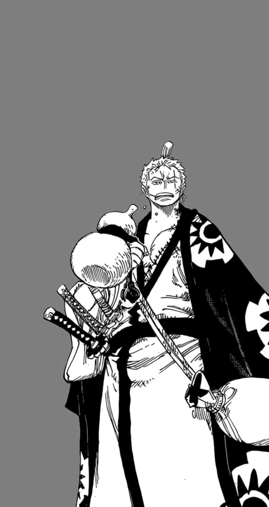 One Piece Manga 桌布 壁紙 — 一幅黑白漫畫風格插圖，描繪一位頭髮尖刺的兇猛戰士，手持劍和一個大圓形物體。