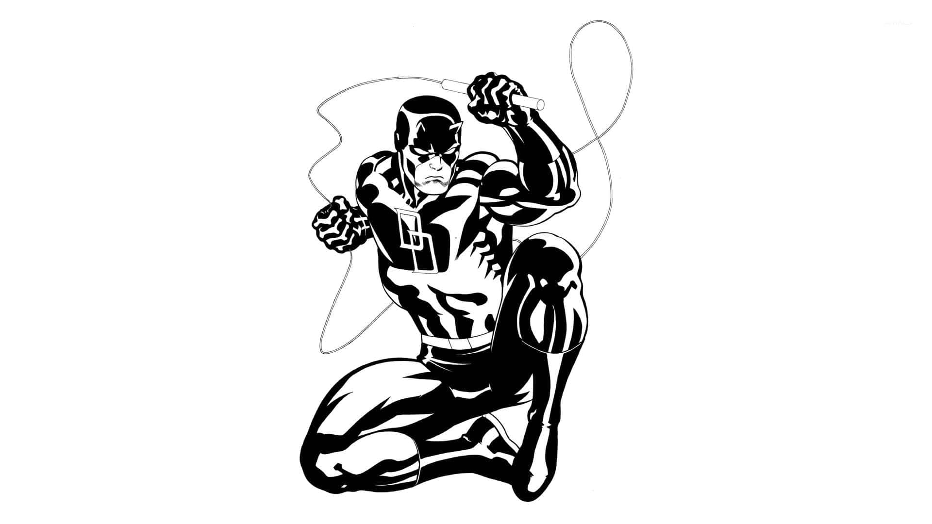 Black And White Comic 桌布 壁紙 — 一幅黑白漫畫風格插圖，描繪一個肌肉發達的超級英雄蹲伏著揮舞長棍。