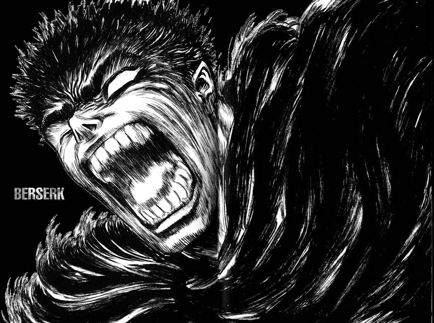Berserk Guts 桌布 壁紙 — 一幅黑白漫畫風格的插圖，描繪一個頭髮狂野的狂戰士在黑暗背景中憤怒地尖叫。
