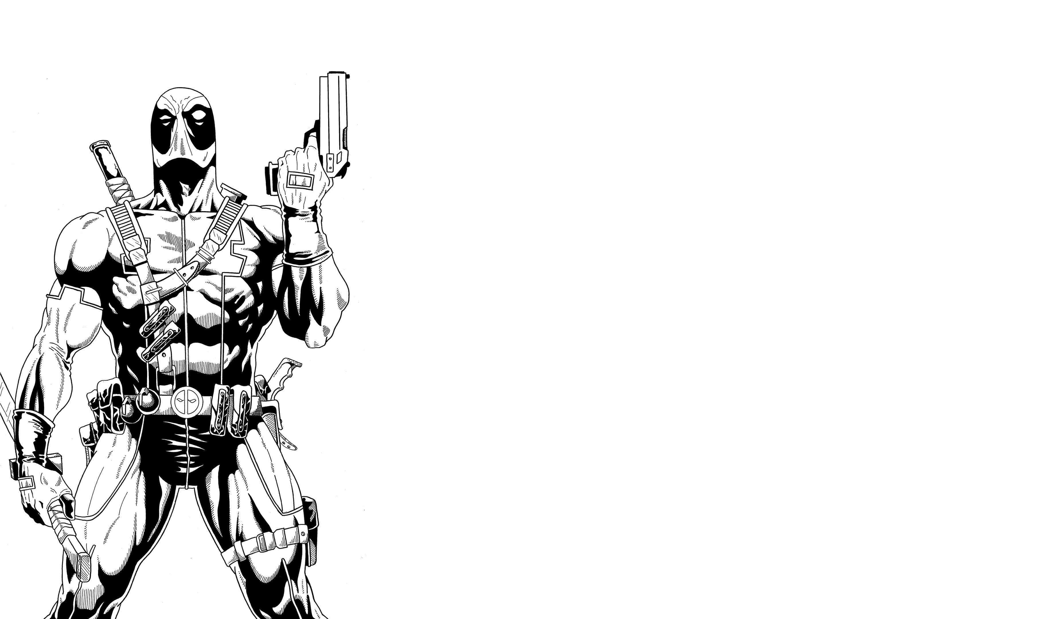Black And White Comic 桌布 壁紙 — 一幅黑白漫畫風格的死侍插圖，自信地握著手槍，背景為純白色。