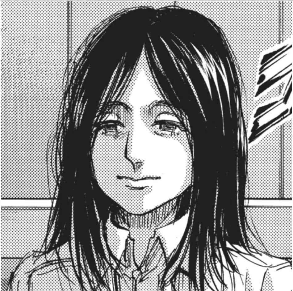 Pieck Finger 桌布 壁紙 — 一幅黑白漫畫風格肖像，描繪一位長髮年輕女性在網點背景前溫柔微笑。
