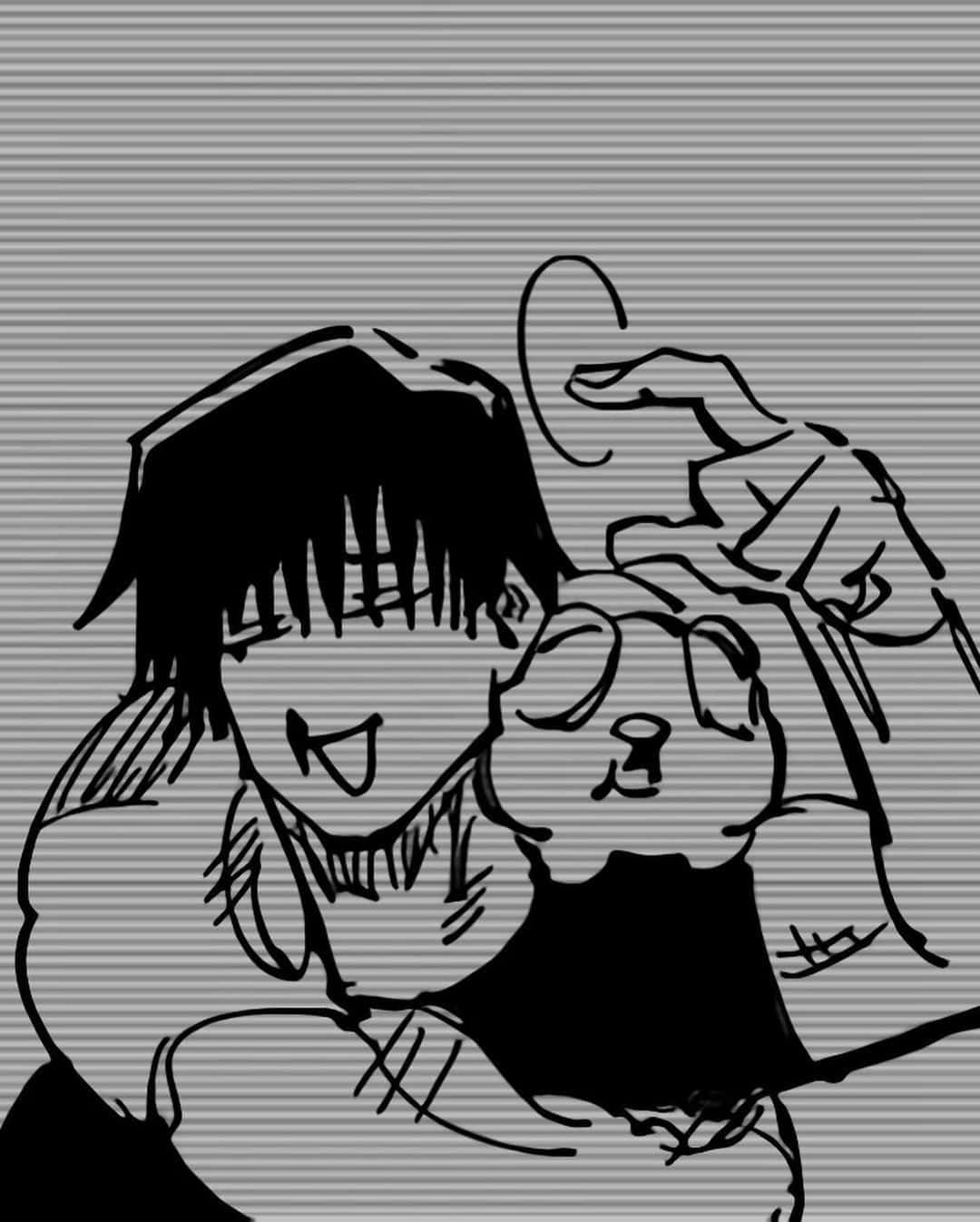 Toji Suzuhara 桌布 壁紙 — 一幅黑白素描，描繪一位微笑的動漫女孩擁抱一隻小狗，背景為條紋圖案。