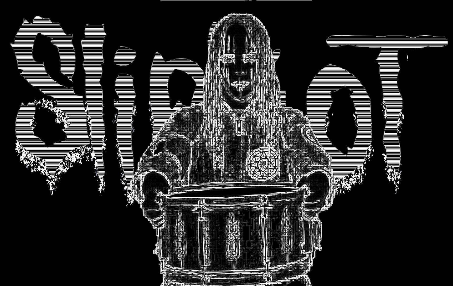 Joey Jordison 桌布 壁紙 — 一幅黑白線條插圖，描繪一個戴著兜帽、臉如骷髏的人物，手持裝飾鼓，背景為風格化文字。