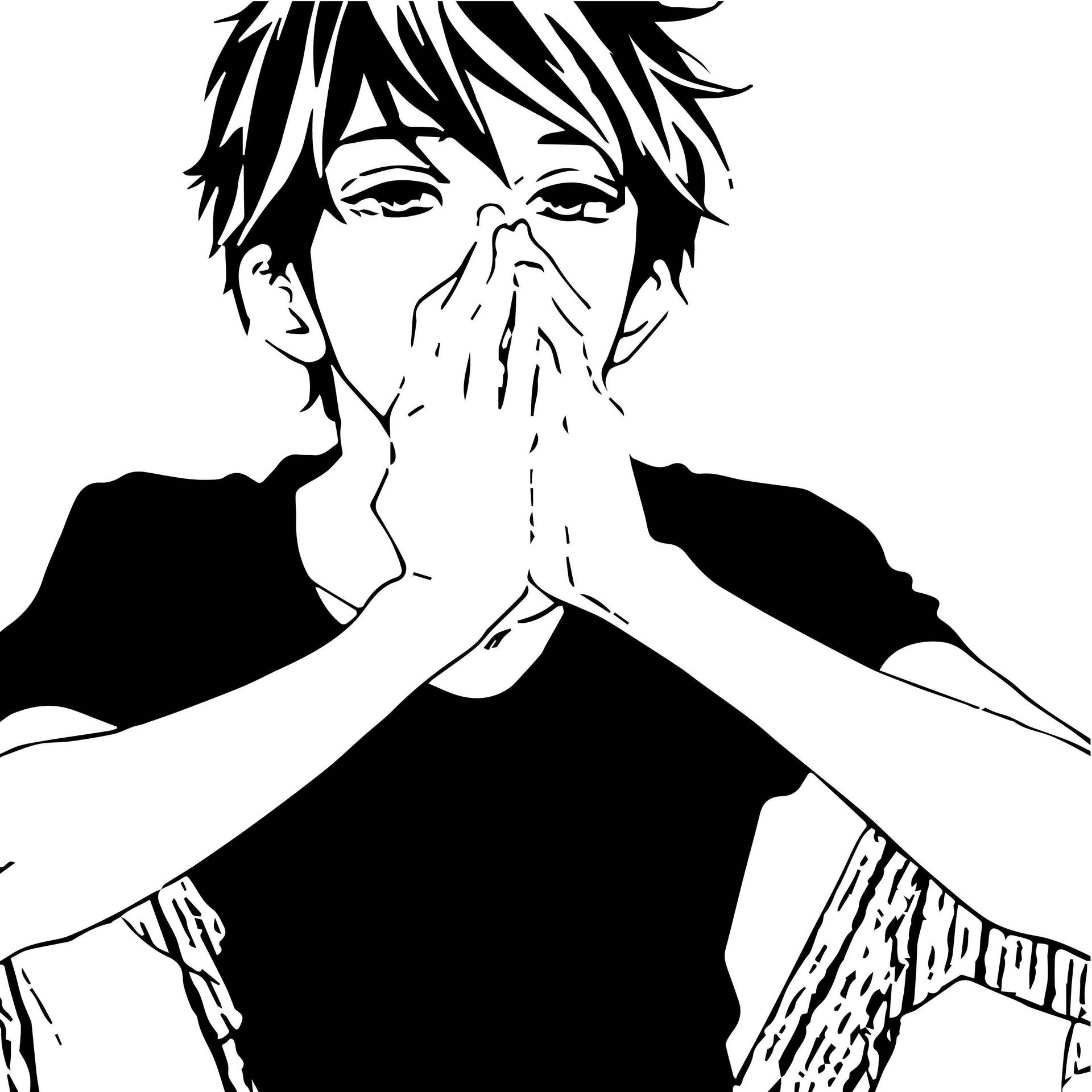 動漫風格年輕男子雙手掩嘴，黑白線條藝術。 — 憂鬱動漫男孩 壁紙