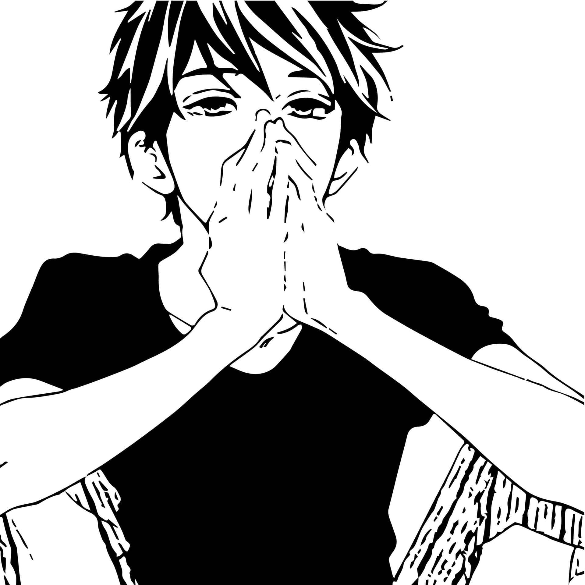 動漫男孩 桌布 壁紙 — 一幅黑白線條插圖，描繪一名年輕男子雙手掩口，向前凝視。