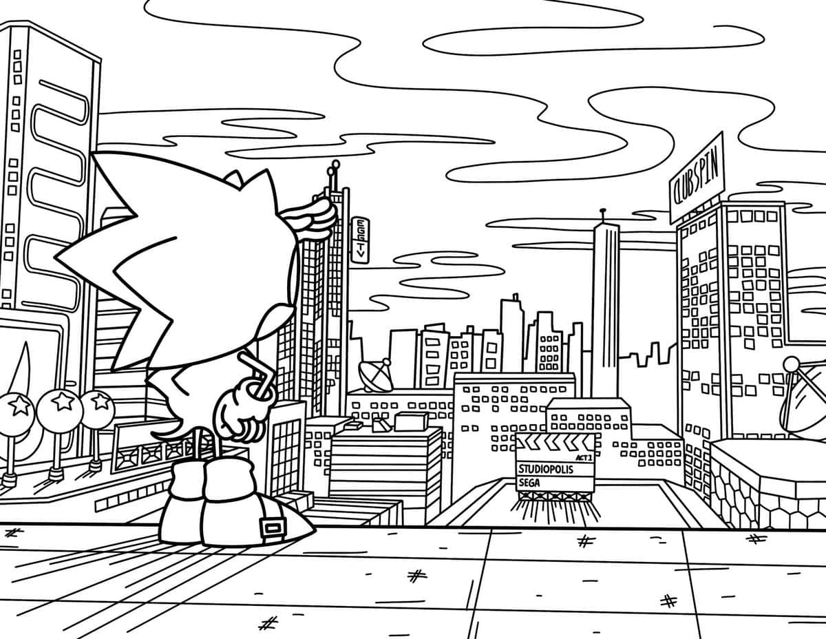 Sonic The Hedgehog 桌布 壁紙 — 一幅黑白線條插圖，描繪刺蝟索尼克站在一個風格化的城市景觀中，有摩天大樓和「STUDIOPOLIS SEGA」標誌。