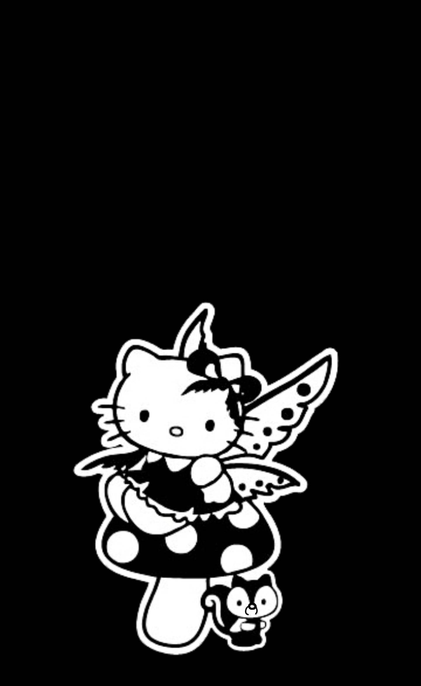 Kitty 桌布 壁紙 — 一幅黑白線條畫，描繪Hello Kitty化身為仙子，棲息在斑點蘑菇上，旁邊有一隻小貓。