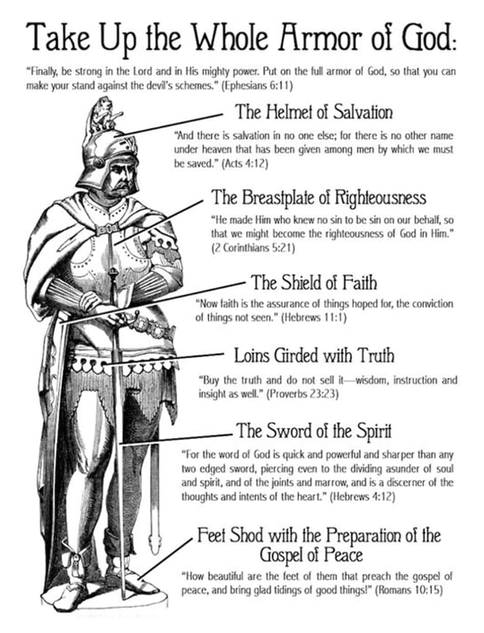 Armor Of God 桌布 壁紙 — 一幅黑白線條畫，描繪一位身穿全副盔甲的騎士，並標有描述屬靈軍裝的聖經經文。
