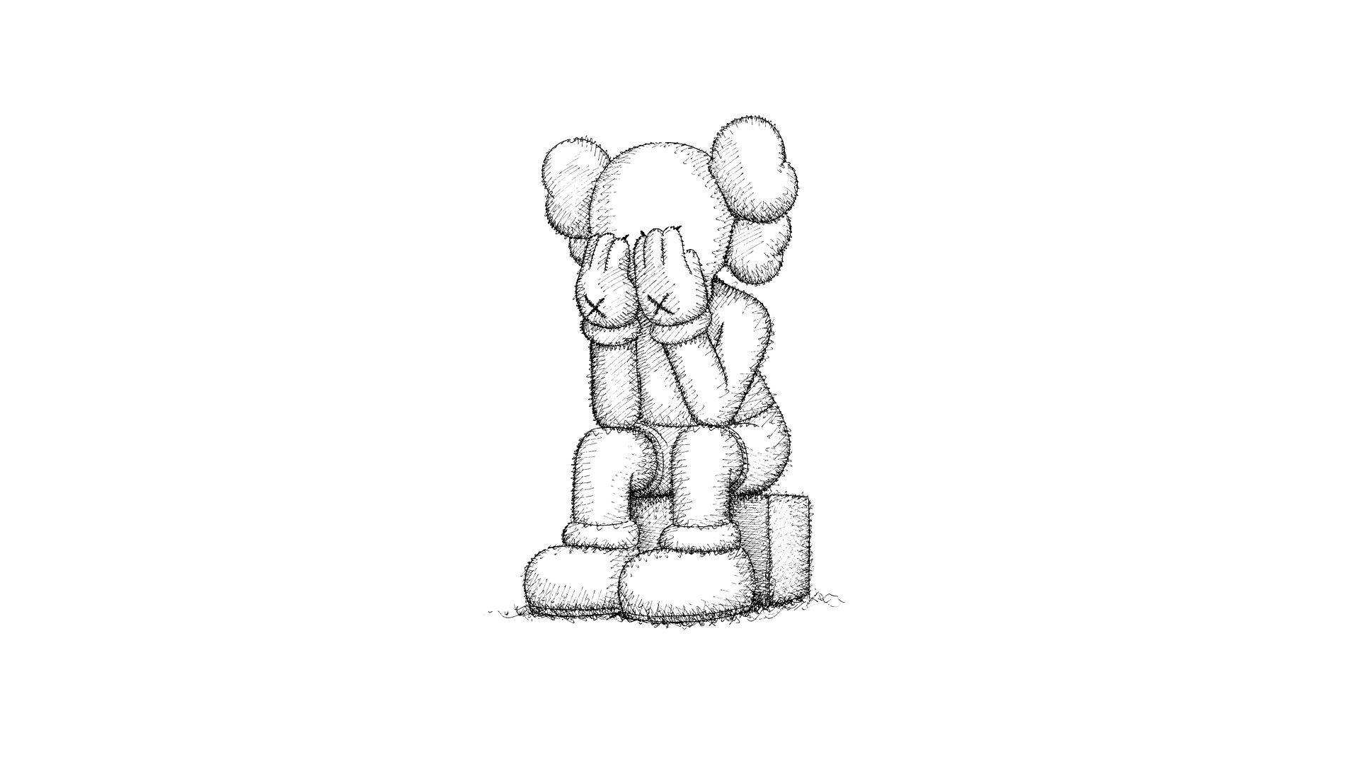 KAWS 桌布 壁紙 — 一幅黑白線條畫，描繪一個坐著的KAWS角色用手遮住眼睛。