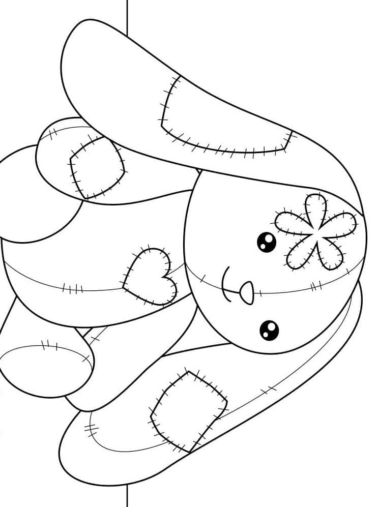 Cute Coloring 桌布 壁紙 — 一幅黑白線條畫，描繪一個縫製的毛絨兔玩具，帶有心形和花朵補丁，用繩子懸掛。