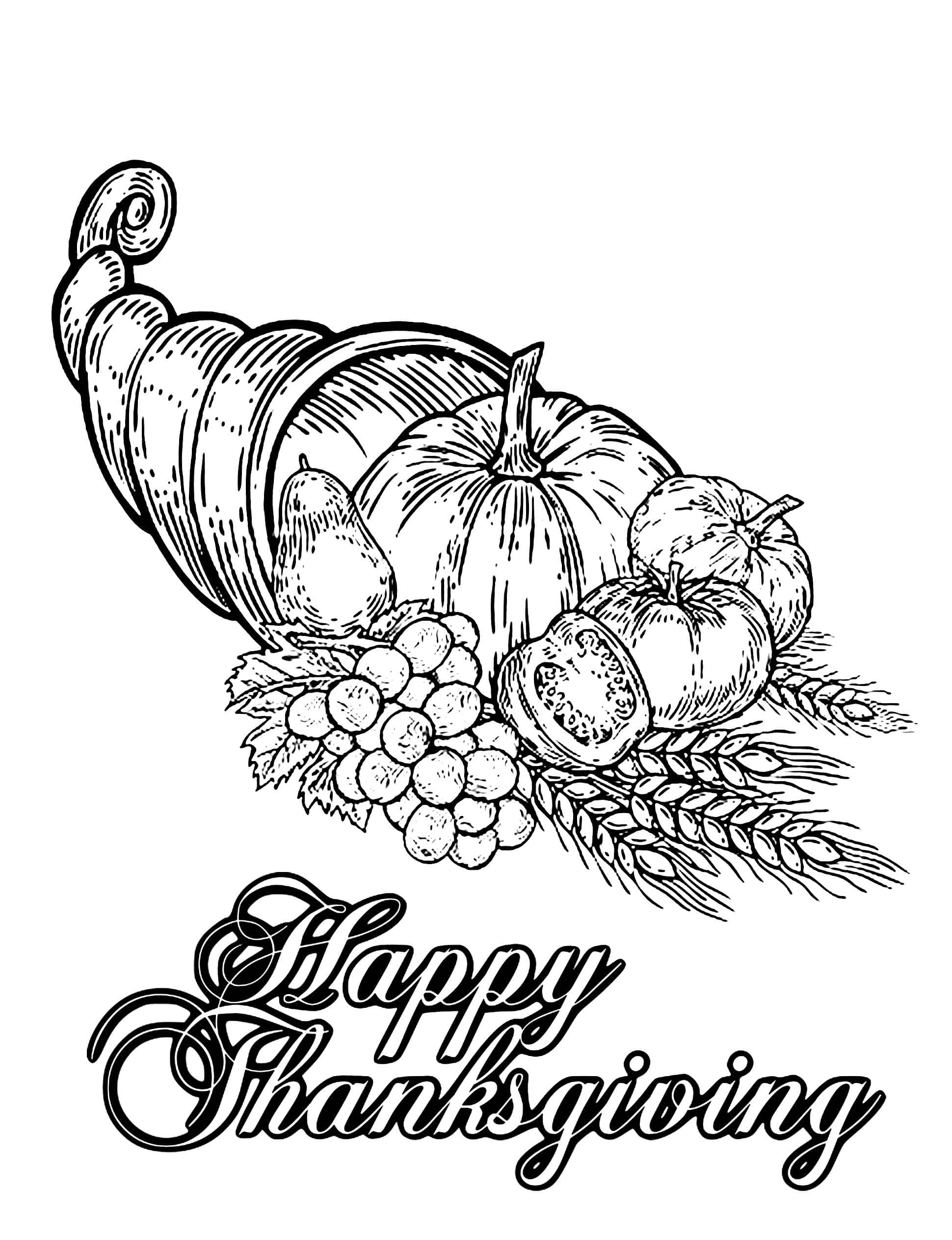 Thanksgiving Coloring 桌布 壁紙 — 一幅黑白線條畫，描繪一個豐收角，裡面裝滿了南瓜、梨、葡萄和小麥，背景簡潔。