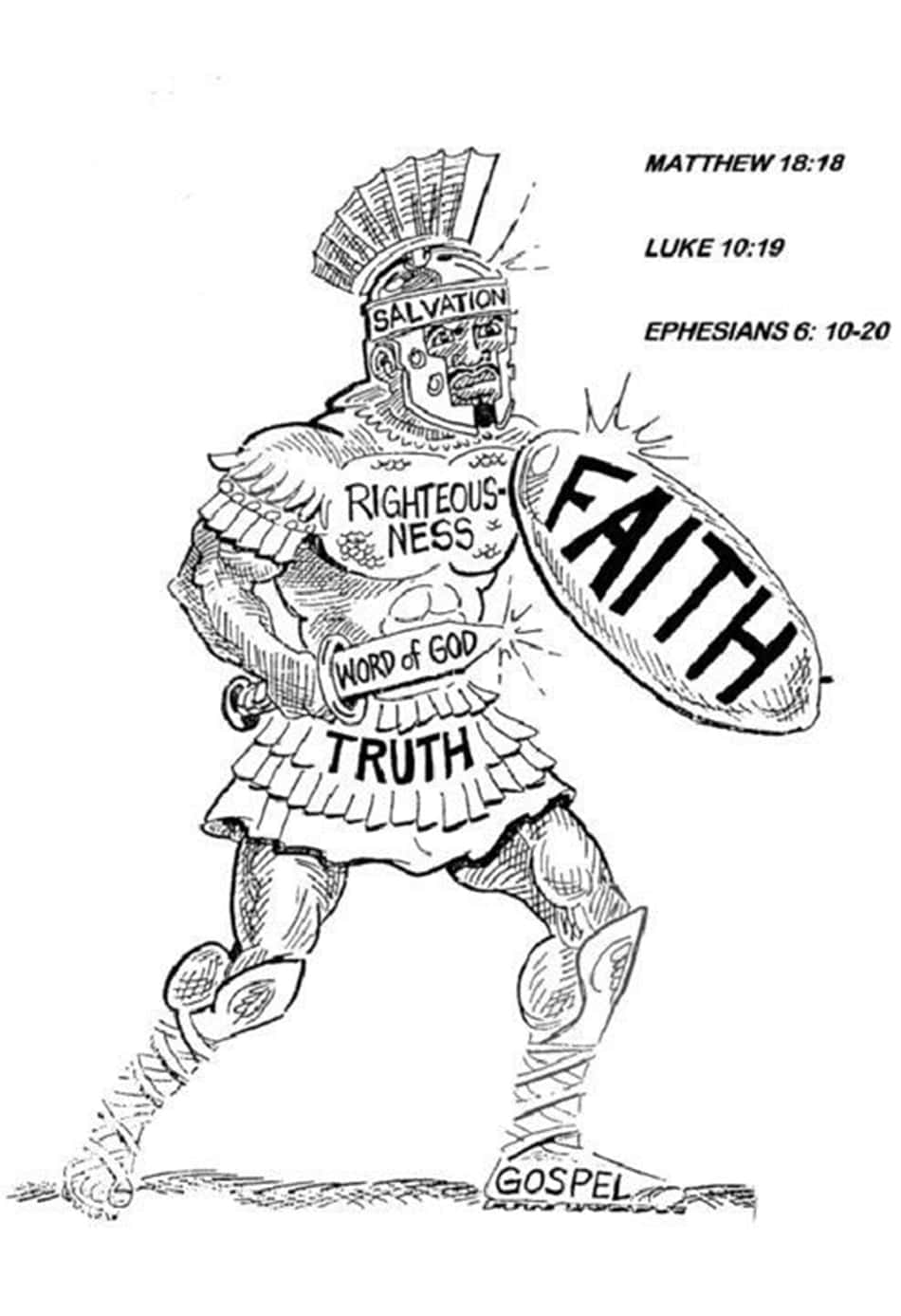 Armor Of God 桌布 壁紙 — 一幅黑白線條畫，描繪一名羅馬士兵，盔甲和盾牌上帶有聖經字句。