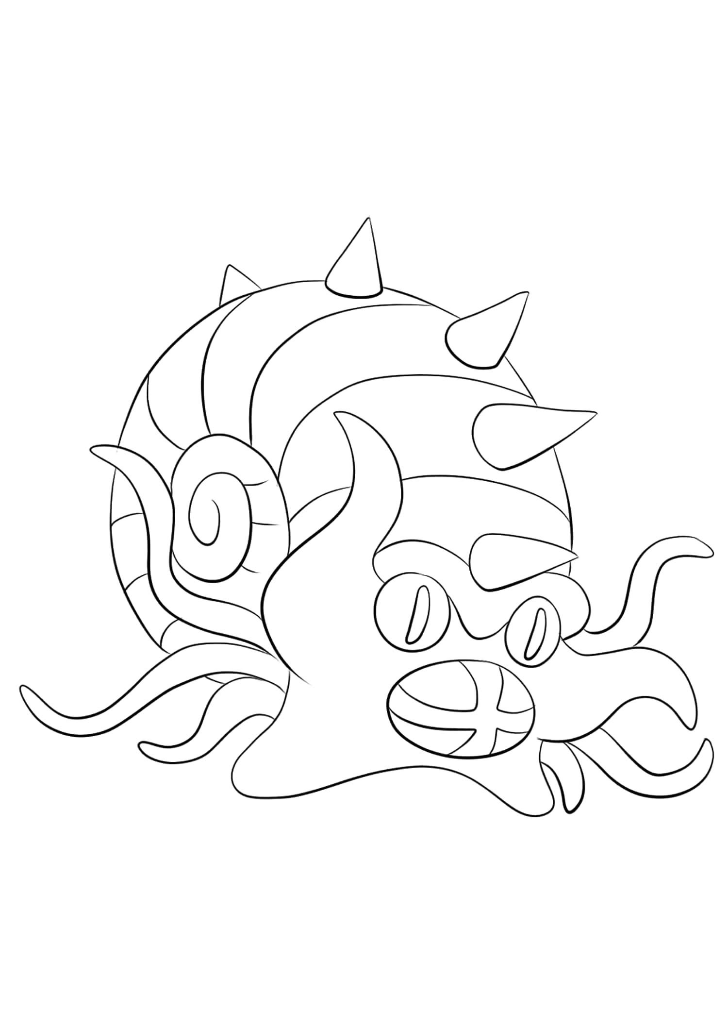 黑白 桌布 壁紙 — 一幅黑白線條畫，描繪一隻帶有尖刺的卡通章魚拿著籃球。