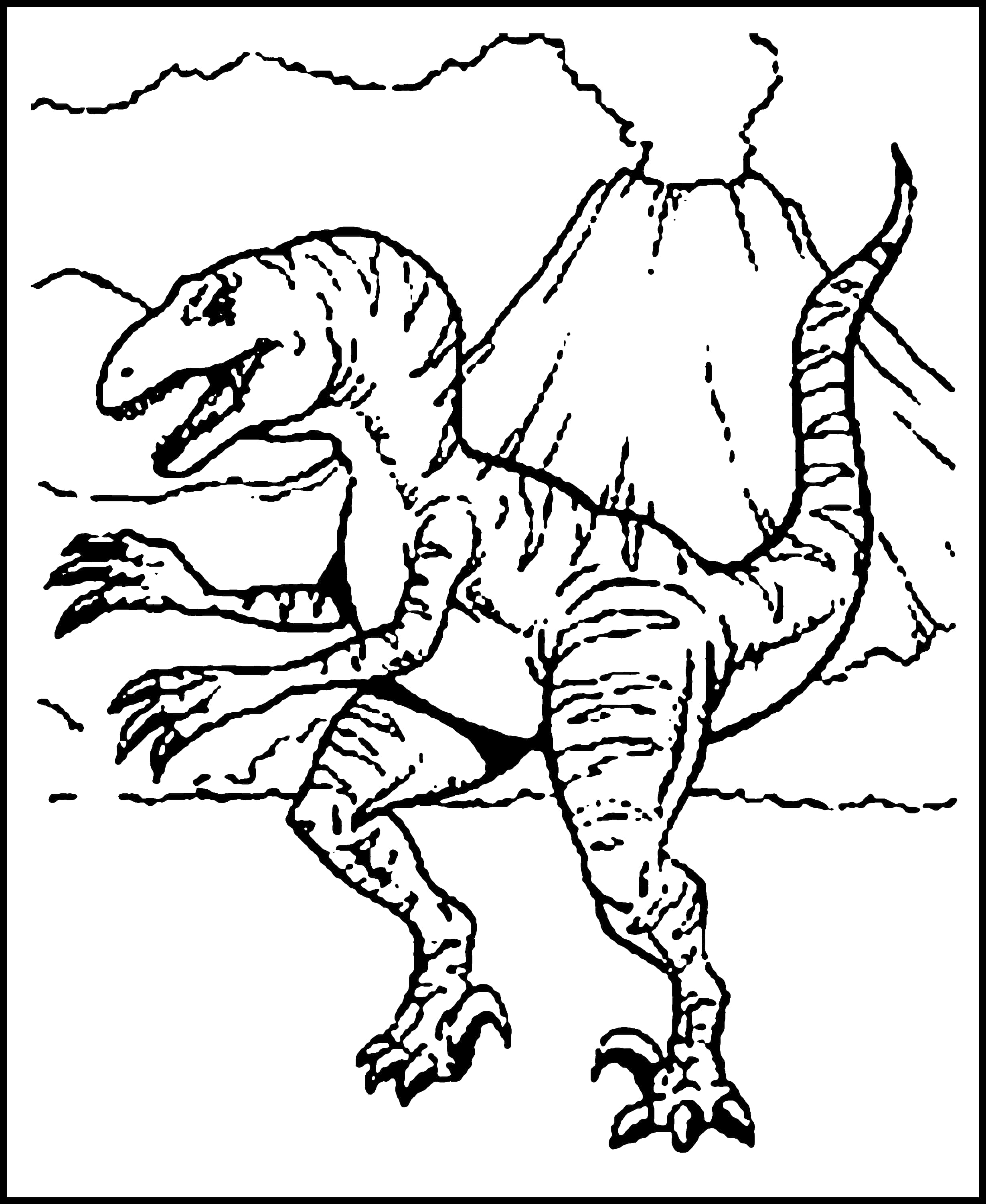 Dinosaur Coloring 桌布 壁紙 — 一幅黑白線條畫，描繪一隻雙足恐龍，擁有長尾巴和鋒利爪子，站在火山前。