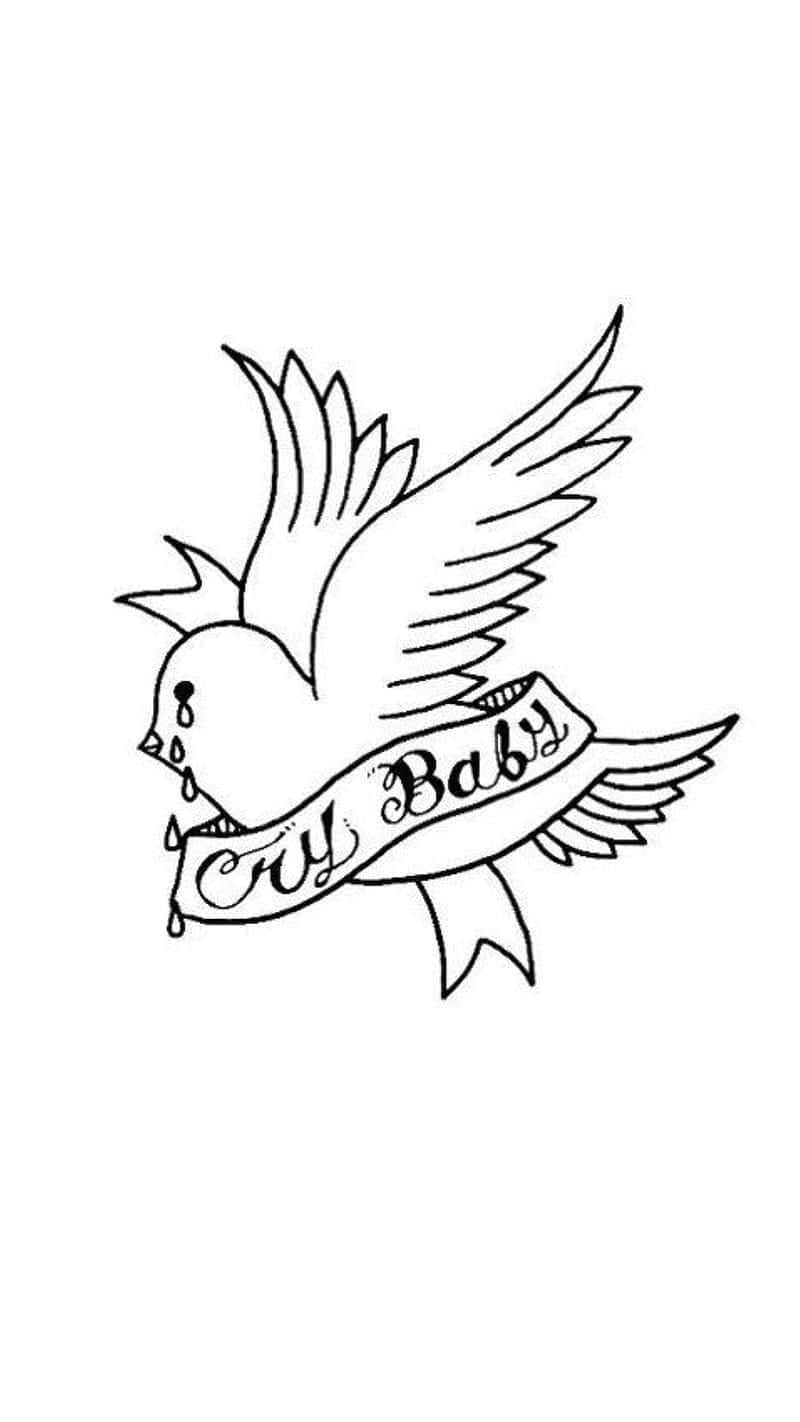 Lil Peep Logo 桌布 壁紙 — 一幅黑白線條畫，描繪一隻風格化的鳥在飛行中，手持寫有 my baby 的橫幅。