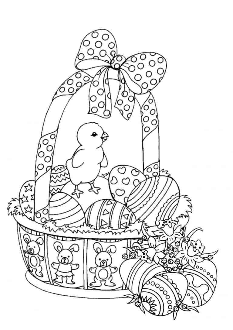 Easter Bunny 桌布 壁紙 — 一幅黑白線條畫，描繪了一個裝滿圖案蛋和小雞的復活節籃子，飾以圓點蝴蝶結。