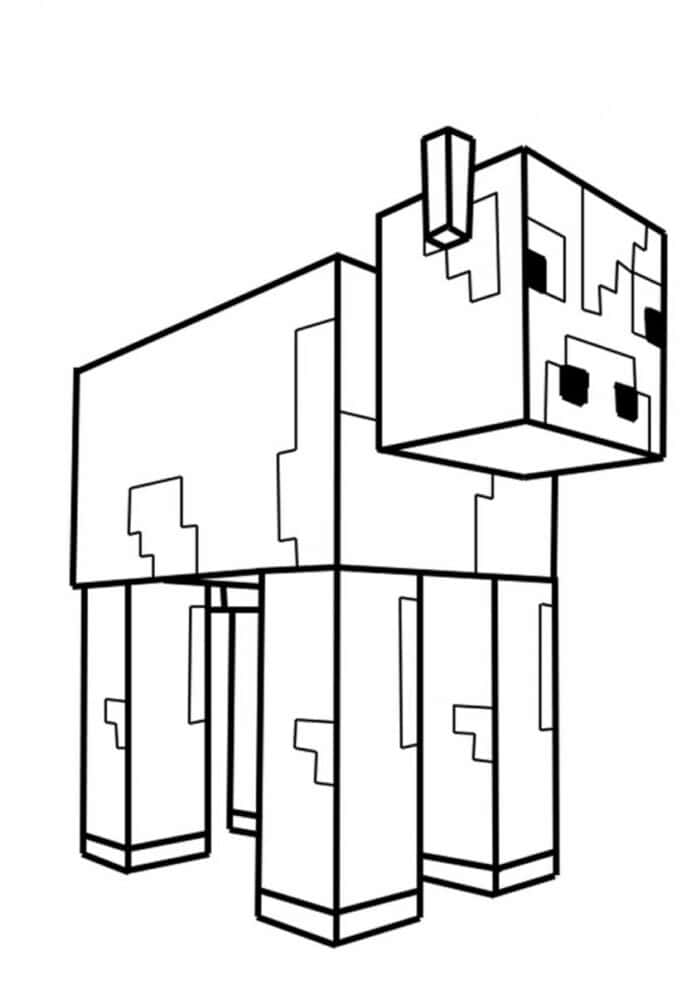 Minecraft Cow 桌布 壁紙 — 一幅黑白線條畫，描繪了一隻方塊狀的Minecraft牛，具有像素化特徵和簡單的幾何形狀。