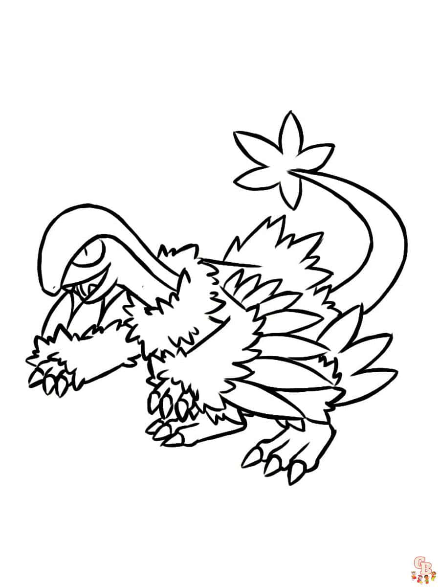 Pokemon Coloring 桌布 壁紙 — 一幅黑白線條畫，描繪了一隻風格化的鳥類生物，帶有尖刺羽毛和尾巴上的花朵。
