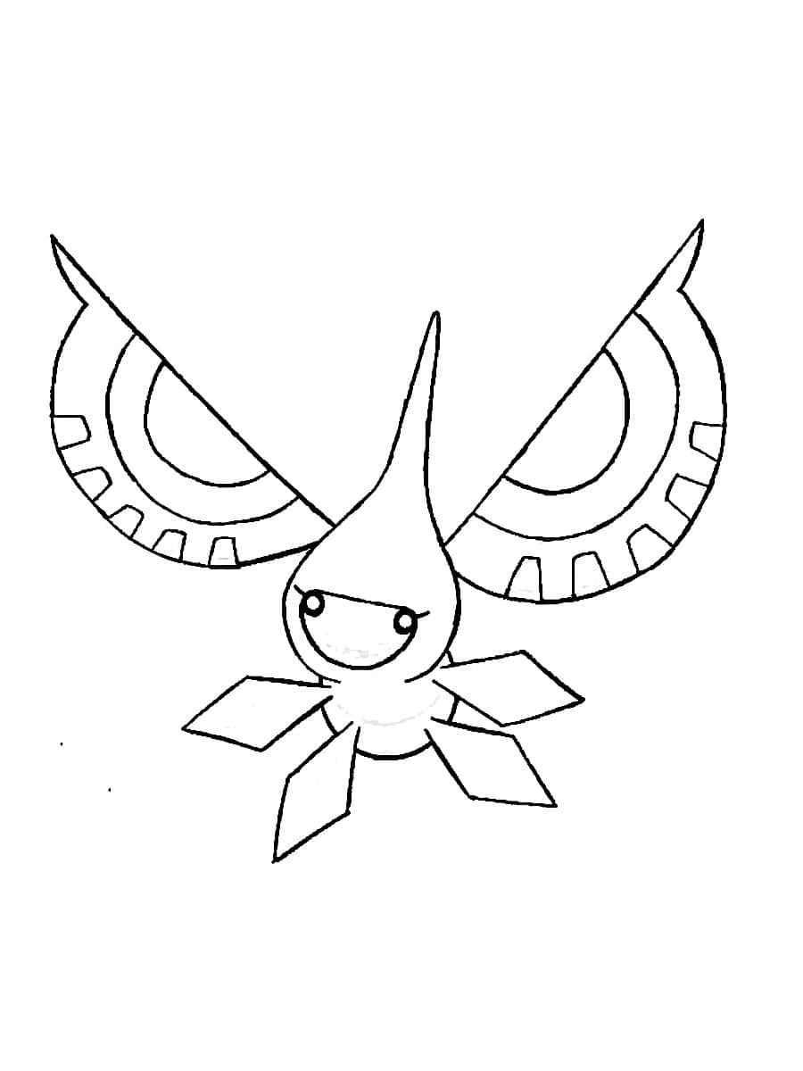 Masquerain 桌布 壁紙 — 一幅黑白線條畫，描繪了一隻風格化的鳥類生物，擁有幾何翅膀和星形身體。