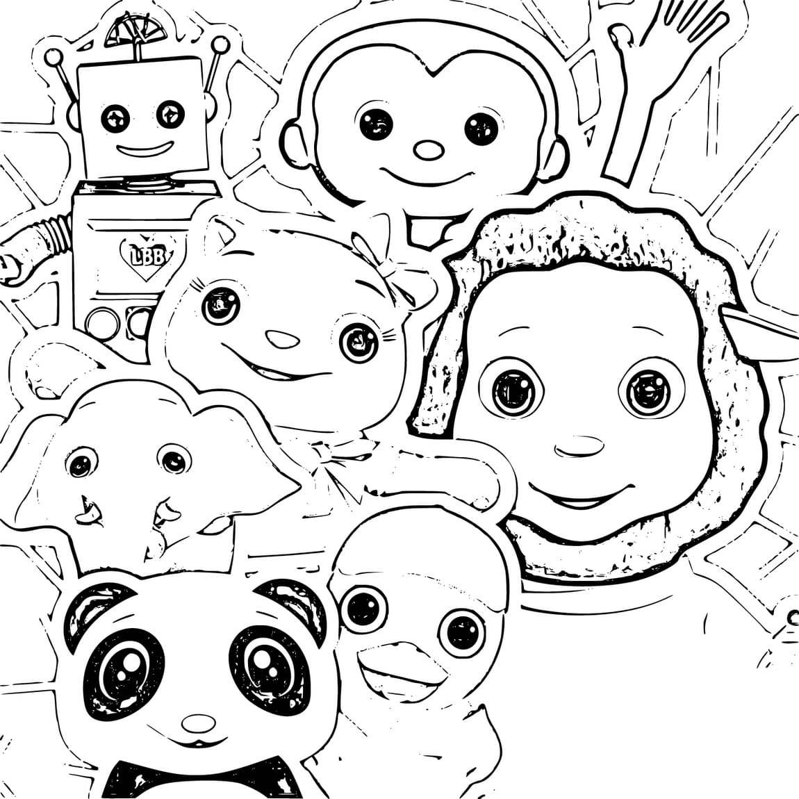 黑白 桌布 壁紙 — 一幅黑白線條畫，描繪了七個微笑的卡通角色，包括機器人、猴子、獅子、熊貓和鴨子。