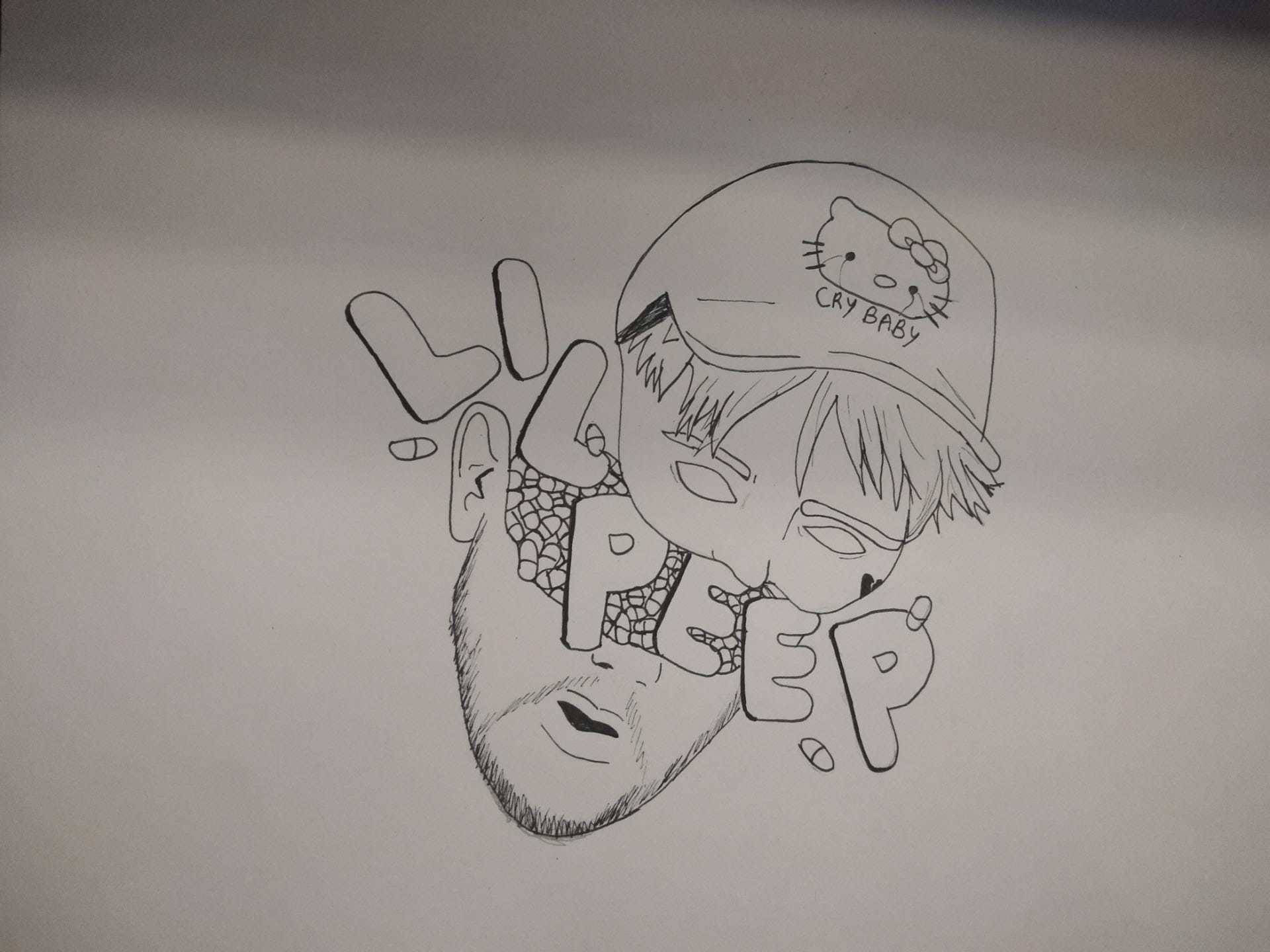 Peep 桌布 壁紙 — 一幅黑白線條畫，描繪了兩個風格化的面孔，其中一個戴著Hello Kitty帽子，上面有'CRY BABY'文字，周圍有粗體字'LIL PEEP'的名字。