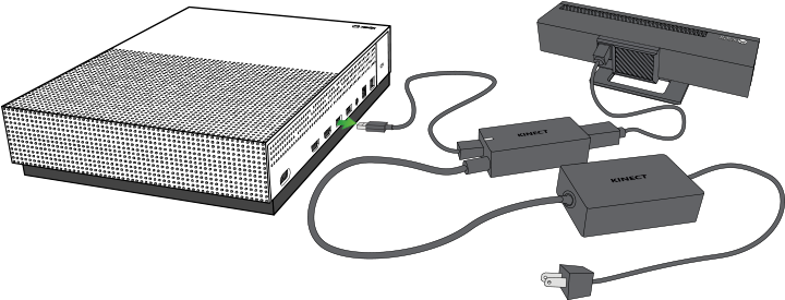 Xbox 桌布 壁紙 — 一幅黑白線條畫，描繪了帶有電纜和電源適配器的Xbox Kinect設置，背景為深色。