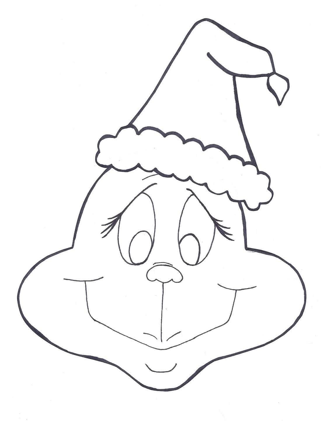 聖誕節 桌布 壁紙 — 一幅黑白線條畫，描繪了聖誕怪傑戴著毛茸茸邊緣的聖誕帽。