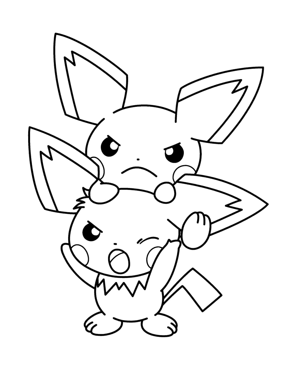 Pokemon Coloring 桌布 壁紙 — 一幅黑白線條畫，描繪兩個寶可夢角色，其中一個以俏皮的姿勢抱著另一個。