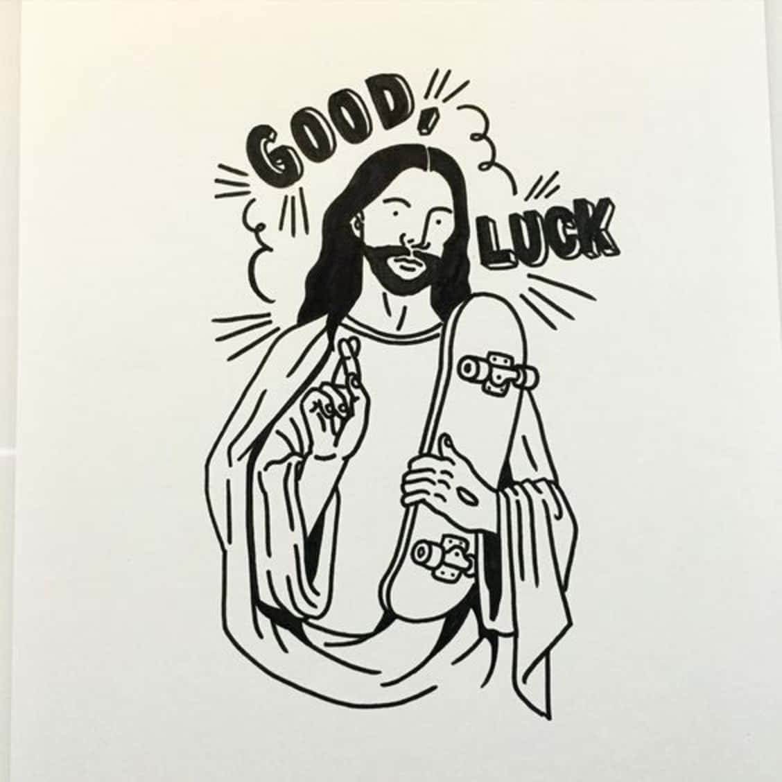 Cool Jesus 桌布 壁紙 — 一幅黑白線條畫，描繪耶穌拿著滑板並做出和平手勢，附有文字「祝你好運」。