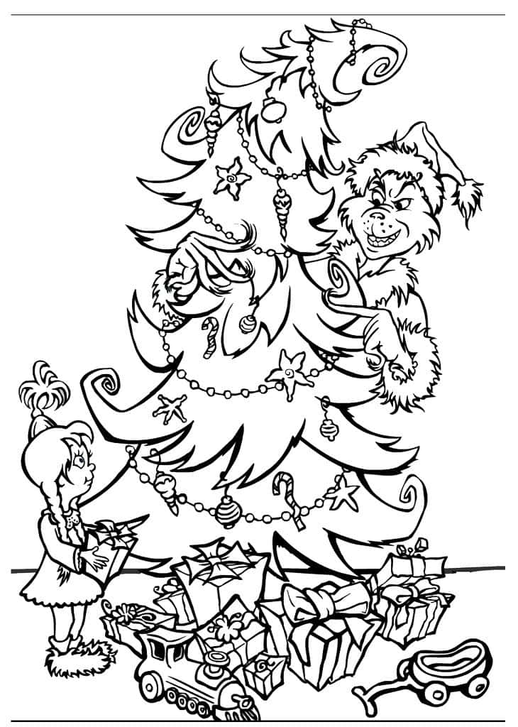 聖誕節 桌布 壁紙 — 一幅黑白線條畫，描繪聖誕怪傑咧嘴笑著，旁邊有一棵裝飾好的聖誕樹，附近有個小孩拿著禮物。