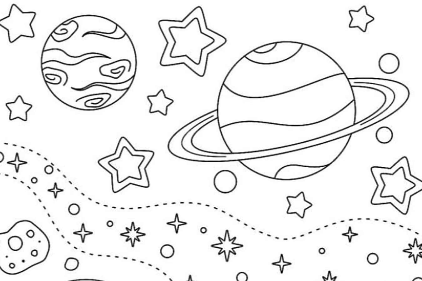 coloring 桌布 壁紙 — 一幅黑白線條畫，描繪行星、星星和小行星在太空中漂浮，帶有虛線路徑。