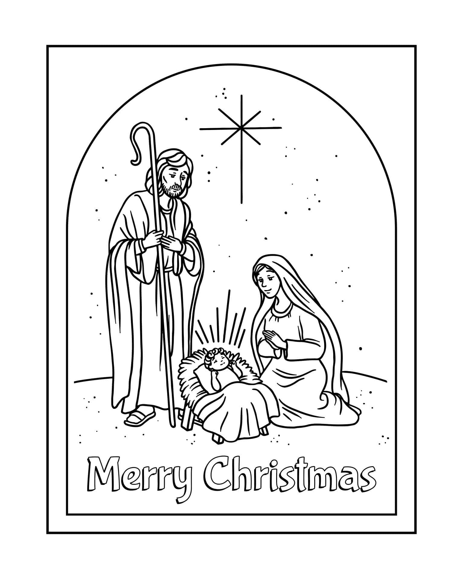 Religious Christmas 桌布 壁紙 — 一幅黑白線條畫，描繪馬利亞、約瑟和嬰孩耶穌在星星下的聖誕場景，並帶有「聖誕快樂」文字。