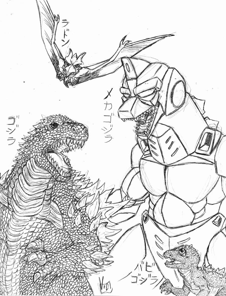 Godzilla Vs Mothra 桌布 壁紙 — 一幅黑白線條畫展示了哥吉拉、機械哥吉拉、拉頓和一個嬰兒哥吉拉在動態戰鬥場景中對峙。