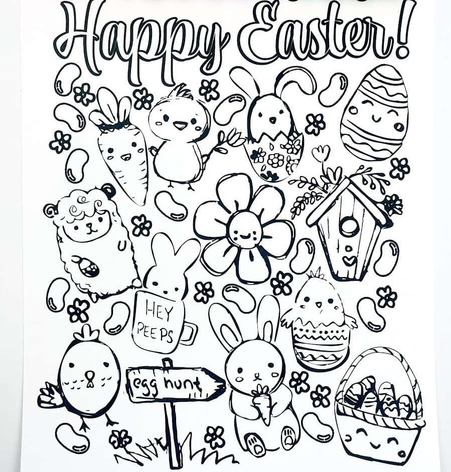 Happy Easter 桌布 壁紙 — 一幅黑白線條畫描繪了可愛的復活節角色，如兔子、小雞和帶笑臉的蛋，周圍有花朵和一個寫著「egg hunt」的標牌。