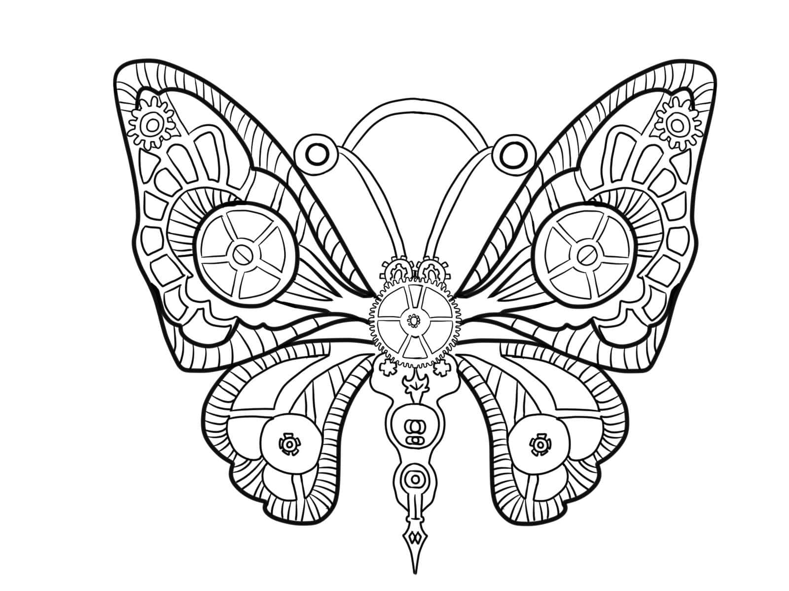 Butterfly Coloring Pages 桌布 壁紙 — 一幅黑白線條繪畫，描繪一隻蒸氣龐克蝴蝶，翅膀上有複雜的齒輪和機械細節。