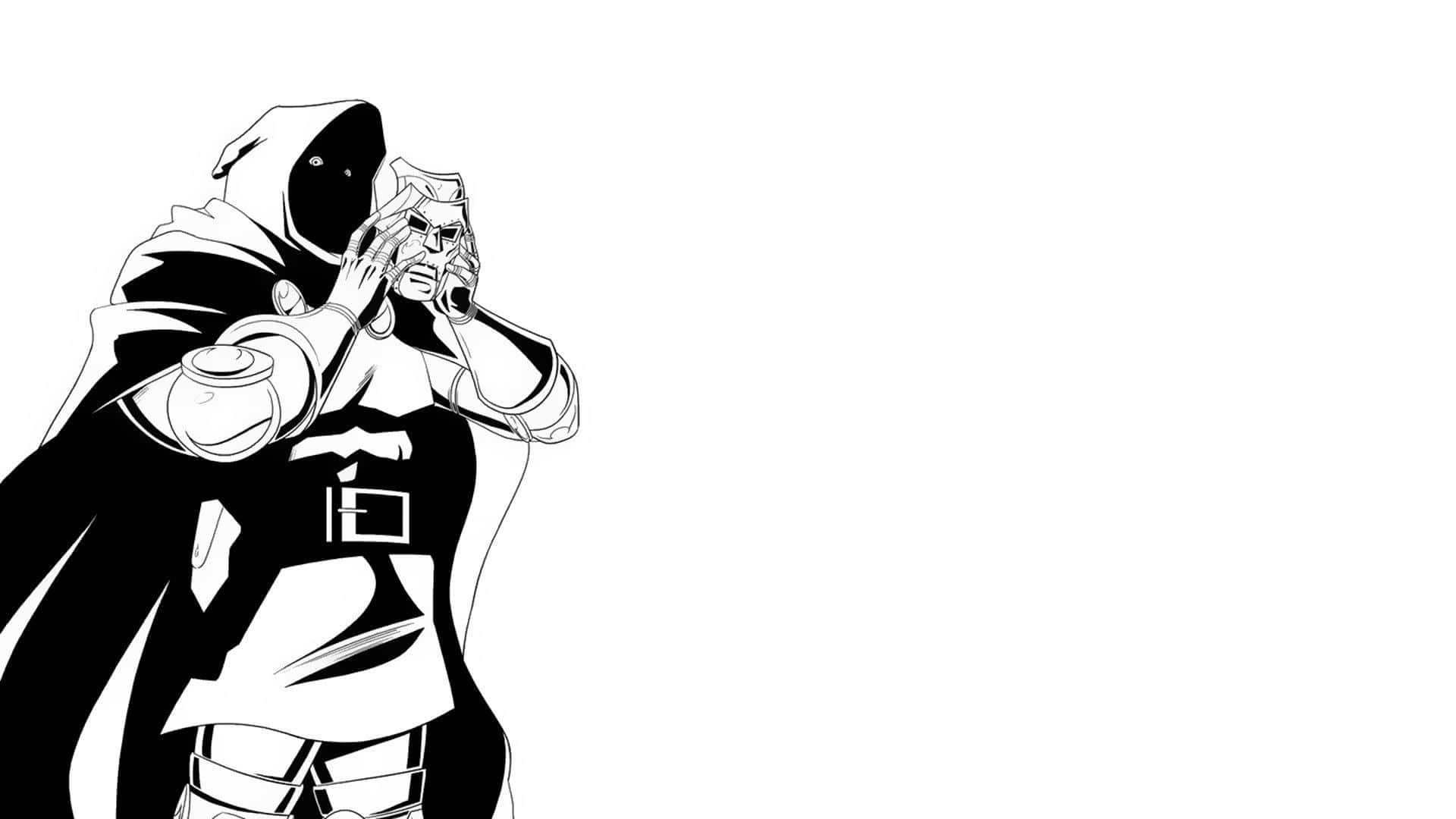 1920x1080 Doom 桌布 壁紙 — 一幅黑白線條藝術插圖，描繪一個戴兜帽的人物以動態姿勢手持未來武器。