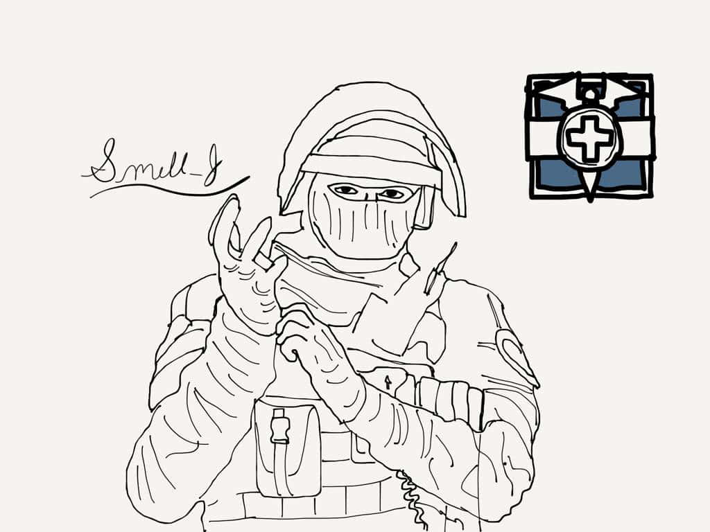 Rainbow Six Siege Doc 桌布 壁紙 — 一幅黑白線條藝術插圖，描繪一名戴面具的軍醫穿著戰術裝備做出和平手勢。