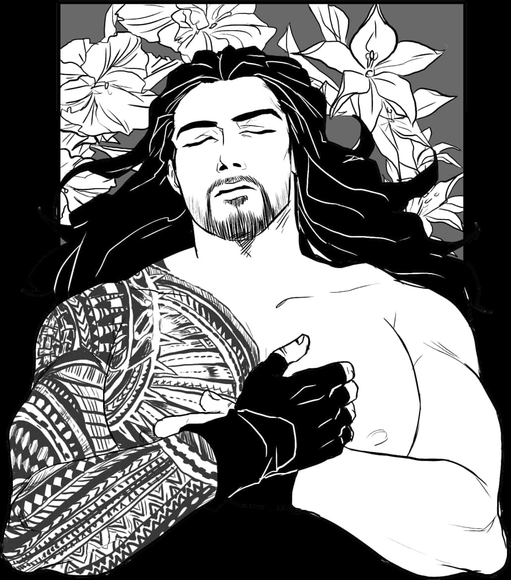 Athlete 桌布 壁紙 — 一幅黑白線條藝術插圖，描繪一名長髮男子，手臂上有複雜的紋身，在大花叢中安然休息。