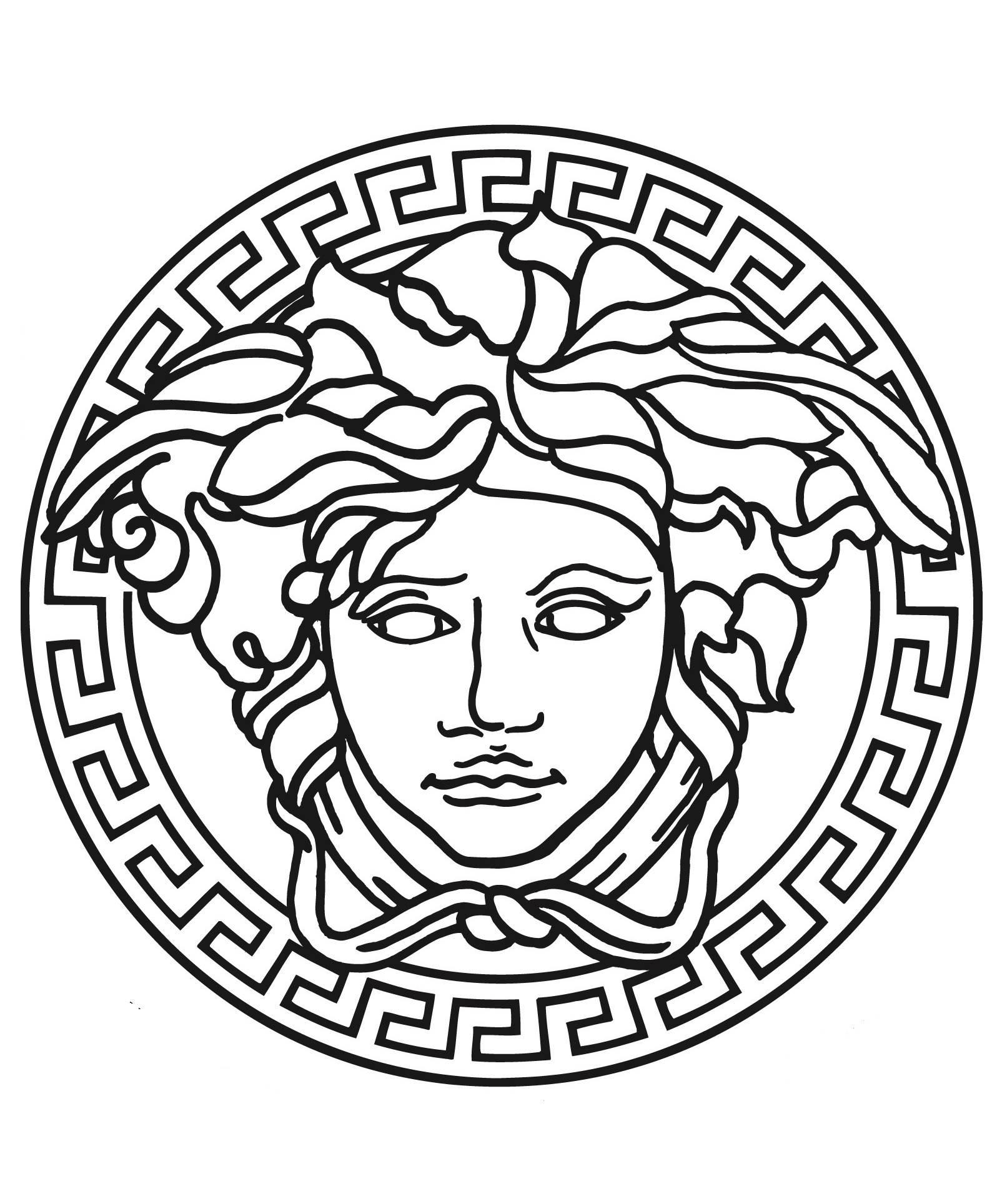 Logo Design 桌布 壁紙 — 一幅黑白線條藝術插圖，描繪了在希臘鑰匙邊框內的梅杜莎頭像。