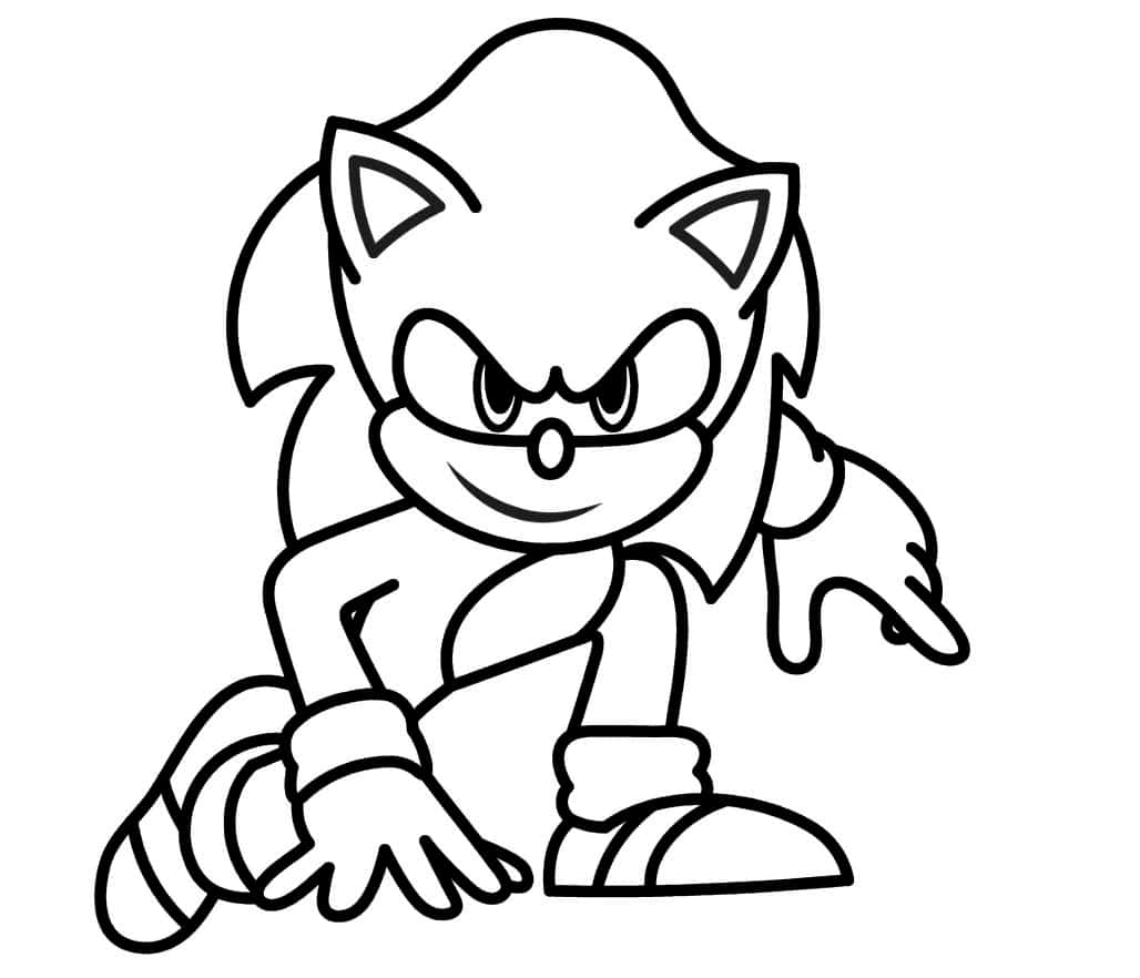Sonic The Hedgehog Coloring 桌布 壁紙 — 一幅黑白線條藝術插圖，描繪刺蝟索尼克以蹲伏姿勢呈現憤怒表情。