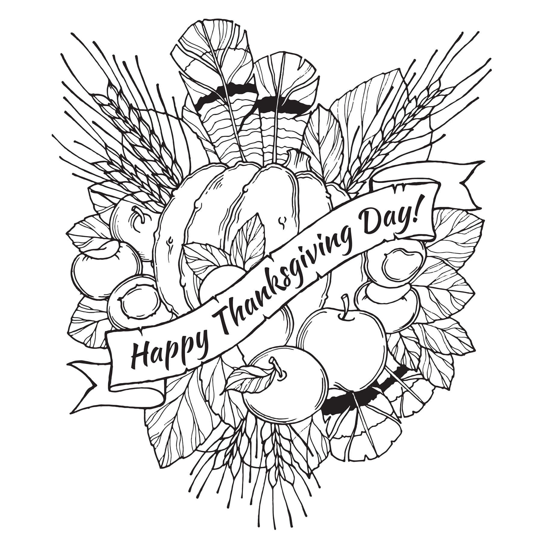 Thanksgiving Coloring 桌布 壁紙 — 一幅黑白線條藝術插圖，描繪感恩節花環，配有南瓜、蘋果、樹葉和寫有「Happy Thanksgiving Day」的橫幅。