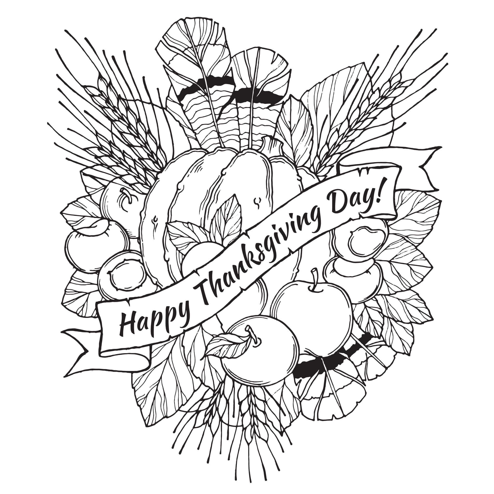 Thanksgiving Coloring 桌布 壁紙 — 一幅黑白線條藝術插圖，描繪感恩節花環，包含南瓜、蘋果、樹葉和寫有「Happy Thanksgiving Day」的橫幅。