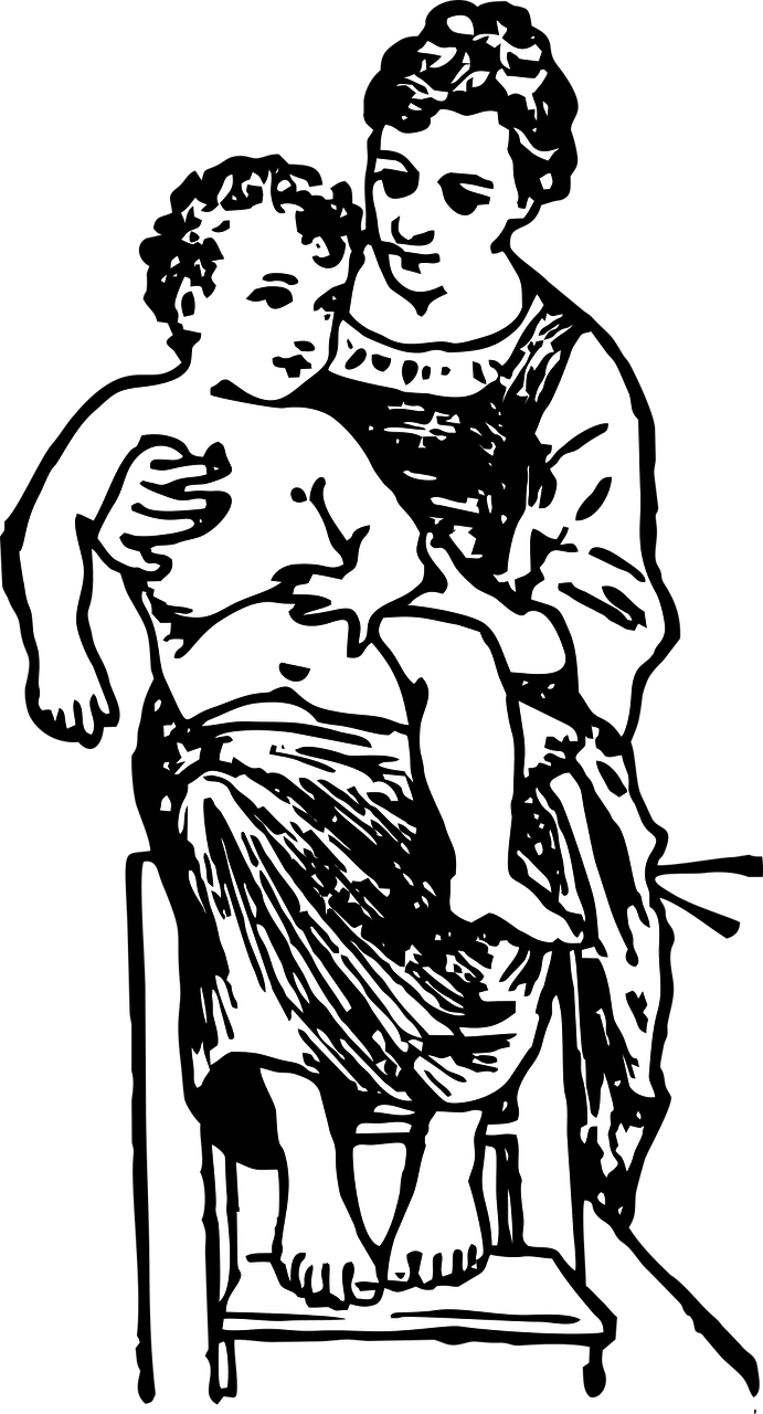 黑色愛情 桌布 壁紙 — 一幅黑白線條藝術插圖，描繪母親溫柔擁抱孩子。