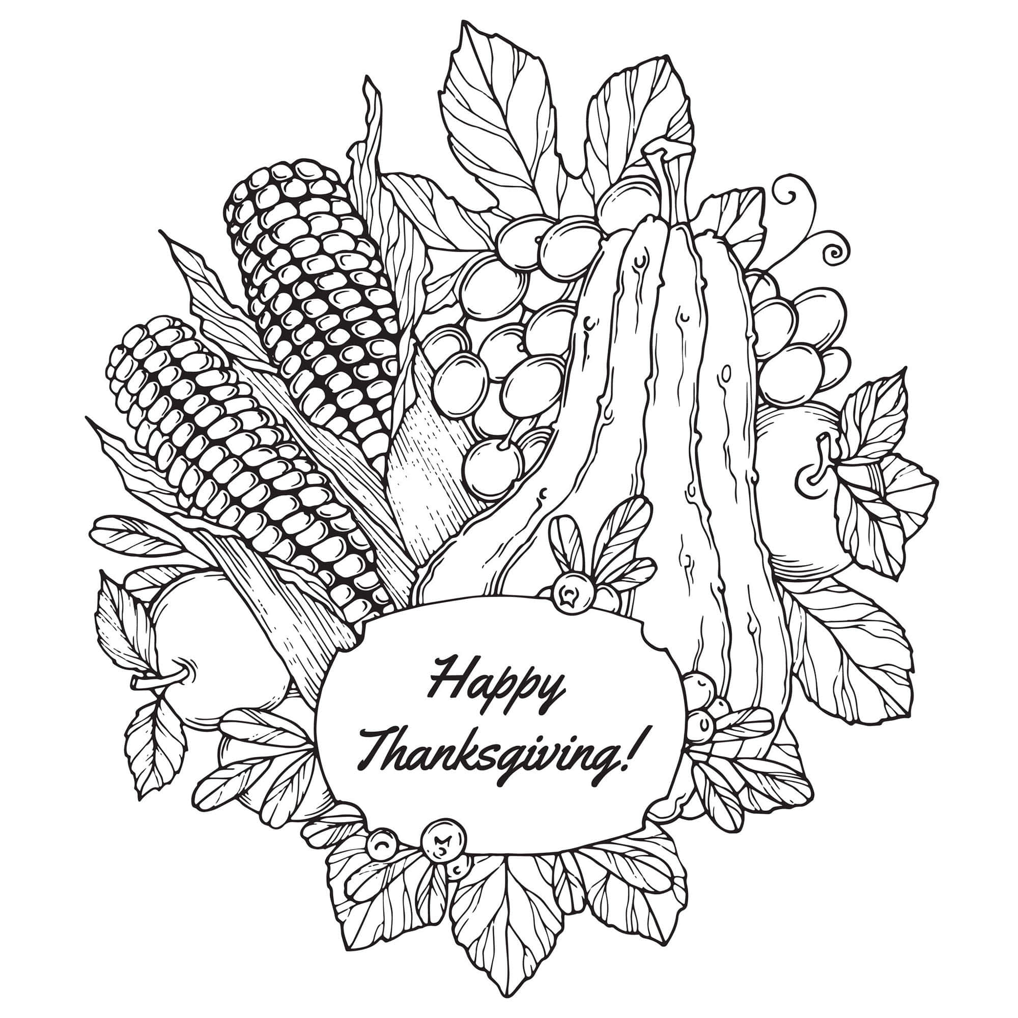 Thanksgiving Coloring 桌布 壁紙 — 一幅黑白線條藝術插圖，描繪秋季豐收的豐富景象，包括玉米、葡萄和南瓜，圍繞著一個「Happy Thanksgiving!」橫幅。