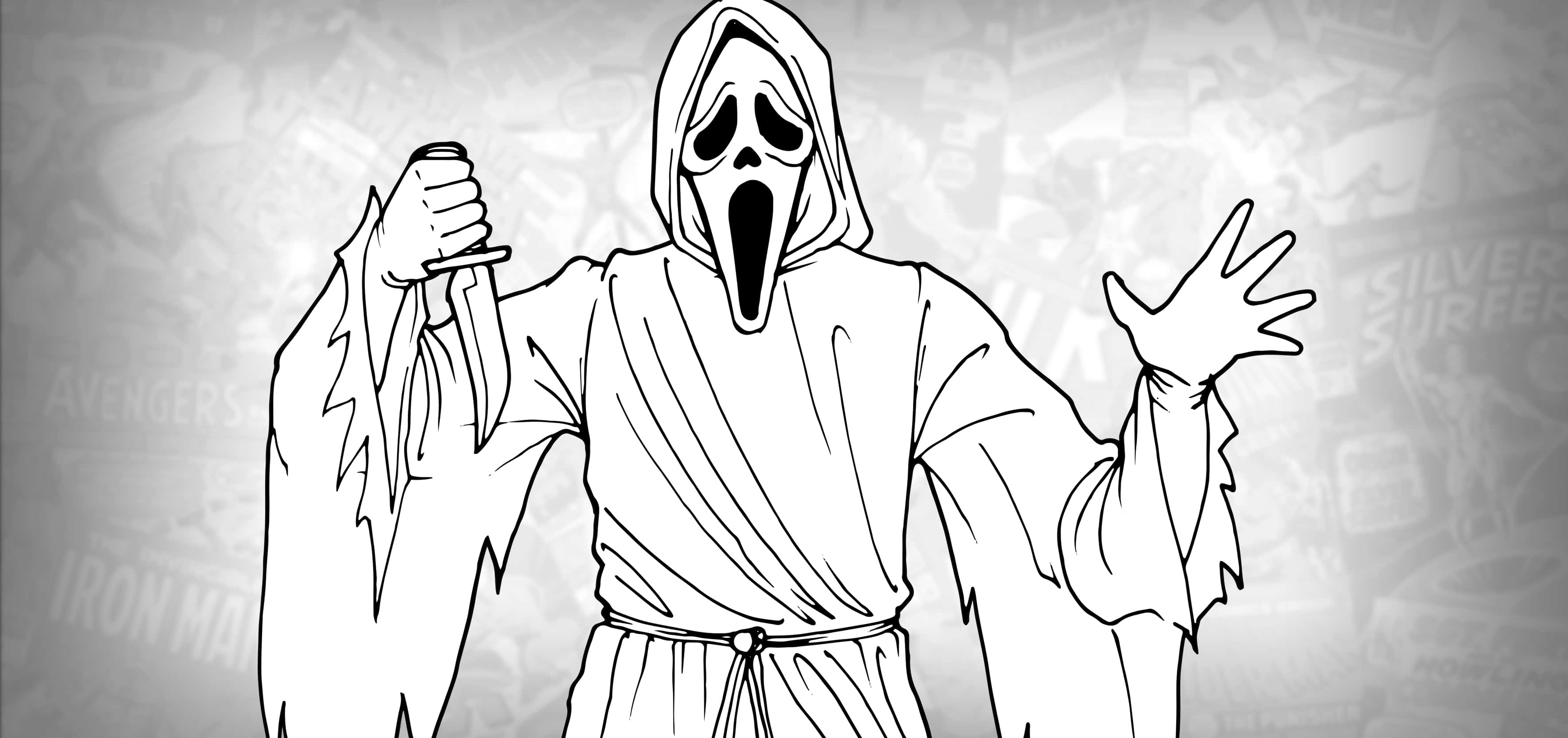 鬼臉殺手 桌布 壁紙 — 一幅黑白線條藝術插圖，描繪鬼面殺手手持刀具，背景為模糊的電影海報。