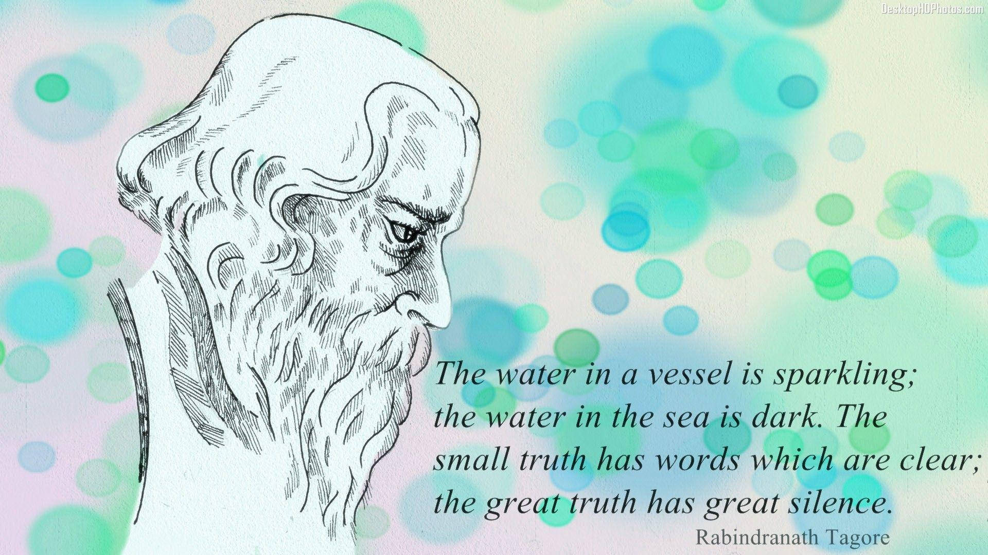 Quote 桌布 壁紙 — 一幅黑白線條藝術肖像，描繪羅賓德拉納特·泰戈爾，附有語錄，背景為柔和的粉彩，帶有浮動的青綠色和粉紅色圓圈。