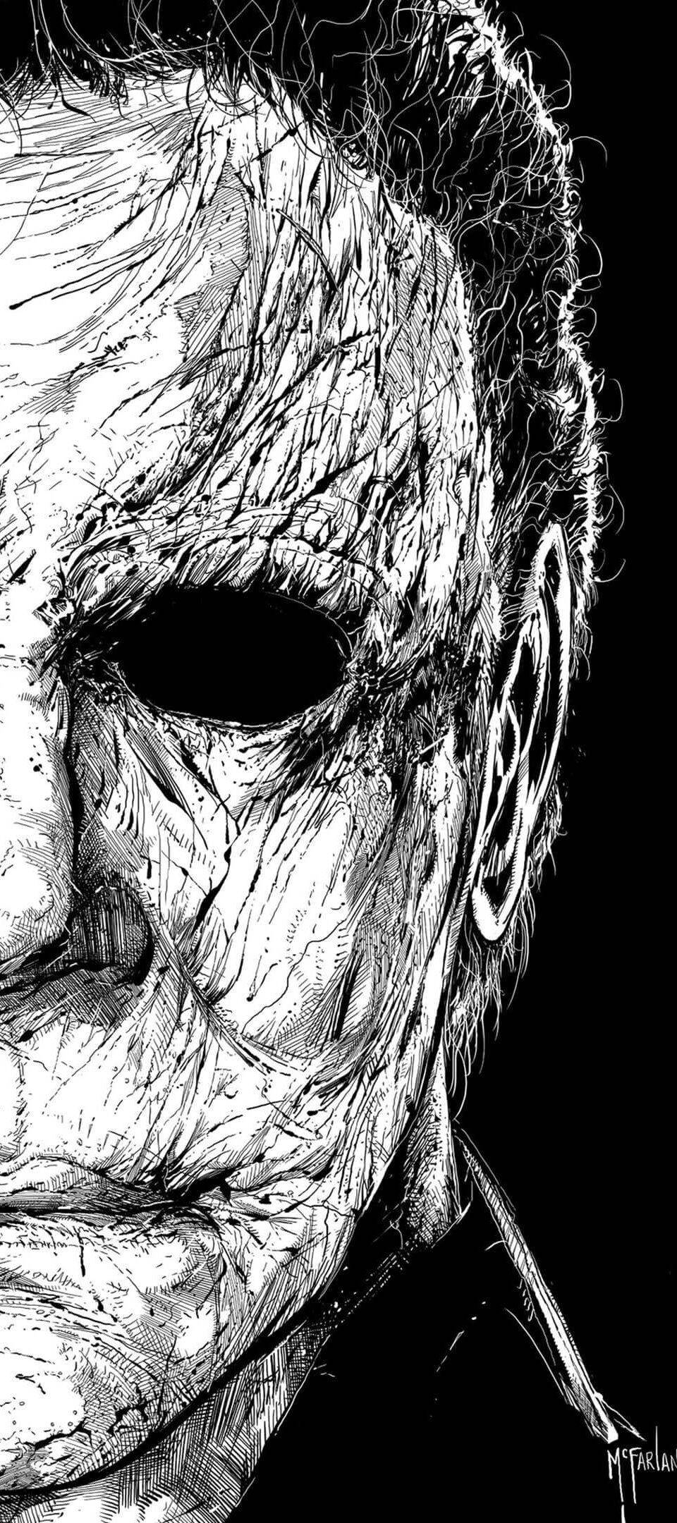 一幅黑白繪畫，描繪萬聖節面具 壁紙