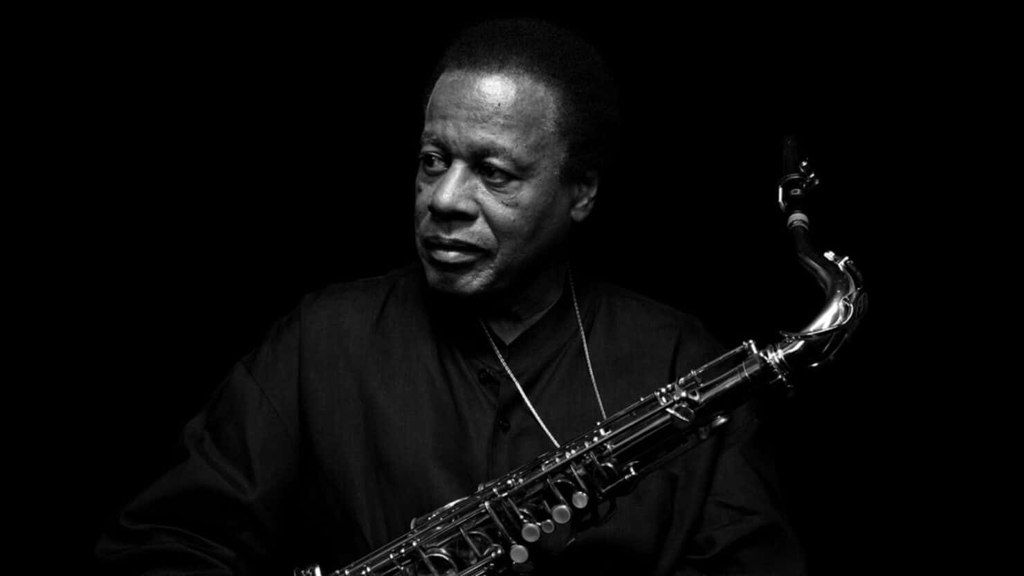 Wayne Shorter 桌布 壁紙 — 一幅黑白肖像，一位爵士薩克斯風手帶著沉思的目光，在深色背景下手持樂器。
